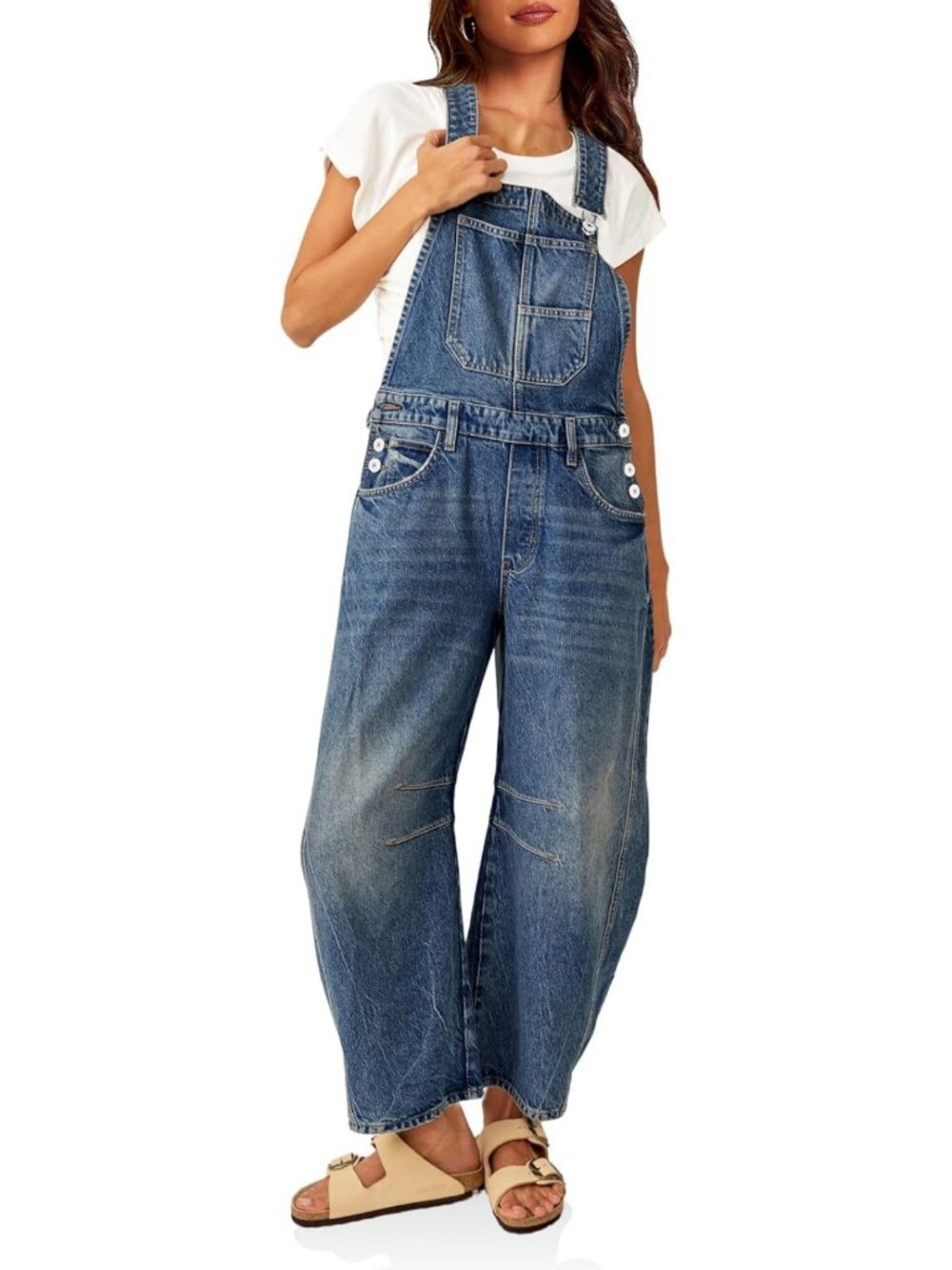Stylish Women's Denim Bib Overalls with Adjustable Straps, Barrel Leg Jumpsuit